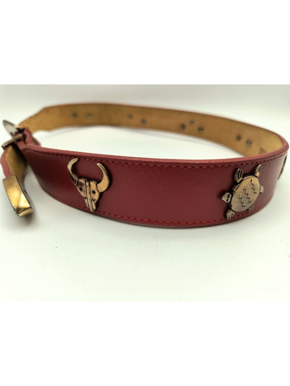 Vintage Silver Creek Tooled Leather Belt With Western Brass Accents & Navajo-Ins - Picture 2 of 5